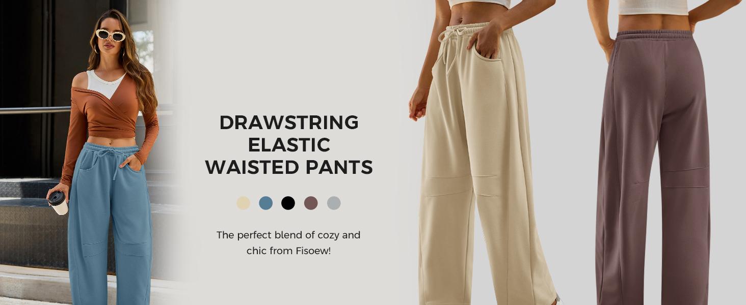 Fisoew Women's Barrel Leg Sweatpant Drawstring Elastic Waisted Wide Leg Pants Casual Active Pants with Pockets #TikTokShopHolidayHaul Womenswear Cropped demitra low rise pants sa capris baggy pants wide leg sweatpants pants for women cargo pants women