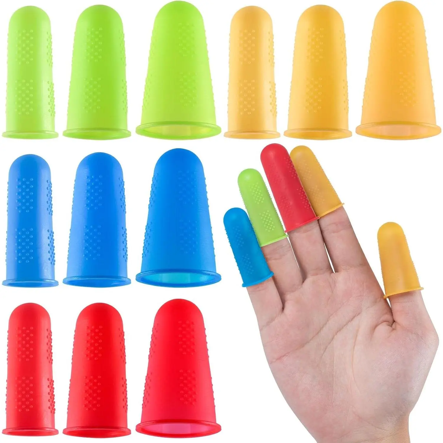 12 Pcs Hot Glue Gun Finger Protectors, 3 Sizes Silicone Finger Tips Covers, Thimble Finger Guard, Thumb Finger Caps for Hot Glue, Home and Office Use (Red Blue Green Orange)
