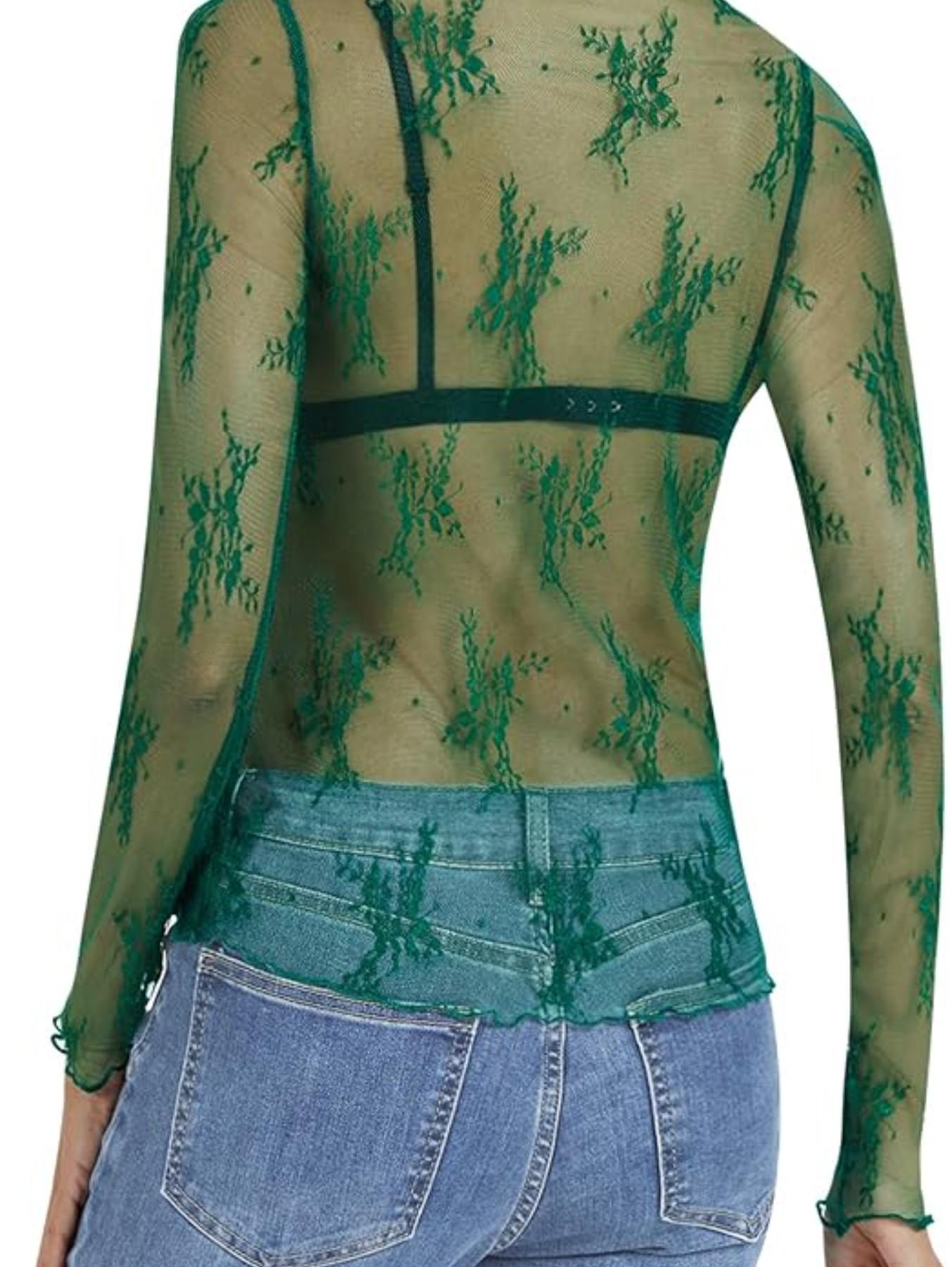 Women's Mesh Top, Transparent Lace Layered Medium Round Neck Sheer Shirt, Elegant and Stylish Design for Daily Wear