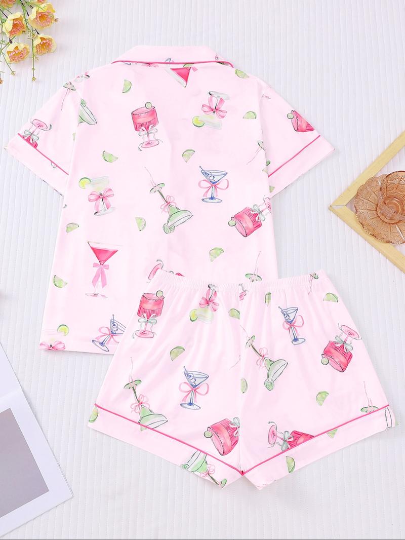 Women's All Over Cocktail Print Button Front Shirt & Elastic Waist Shorts Pyjama, Casual Comfy Short Sleeve Top & Shorts PJ Set, Ladies Sleepwear for All Seasons, Loungewear, Sleepwear Pajamas Set