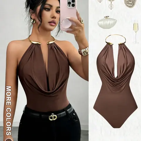 1 Piece Halter Neck Sleeveless Bodysuit, Metal Collar Design, Deep V Backless, Punk Style Daily Wear, Perfect for Parties