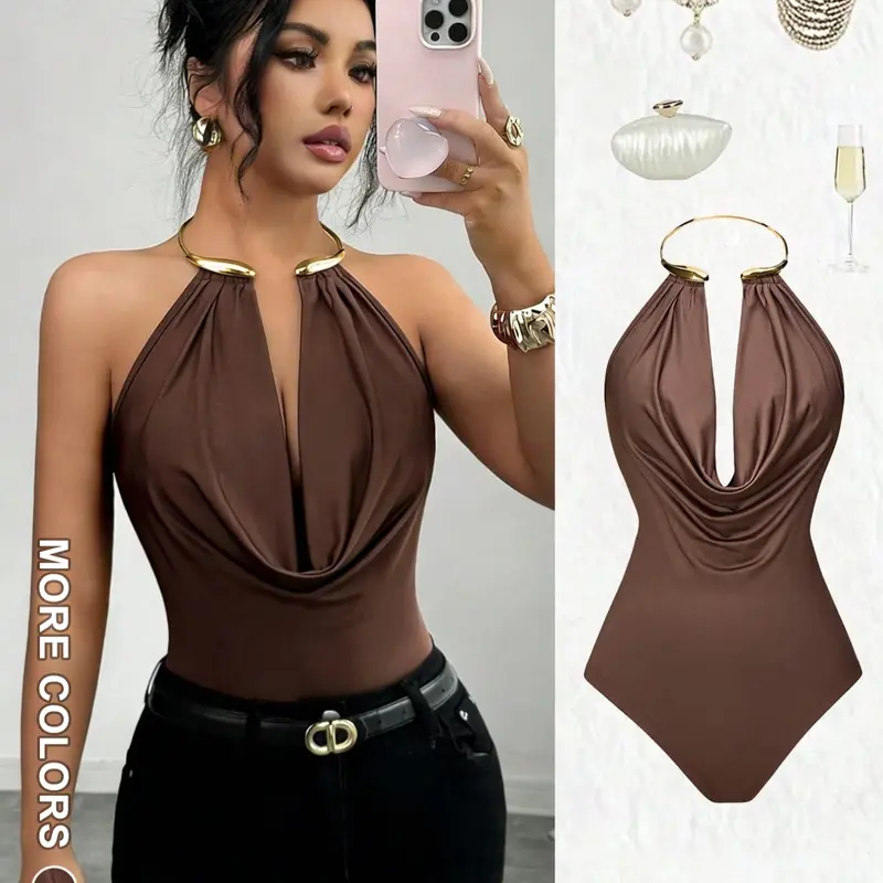 1 Piece Halter Neck Sleeveless Bodysuit, Metal Collar Design, Deep V Backless, Punk Style Daily Wear, Perfect for Parties