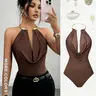 1 Piece Halter Neck Sleeveless Bodysuit, Metal Collar Design, Deep V Backless, Punk Style Daily Wear, Perfect for Parties