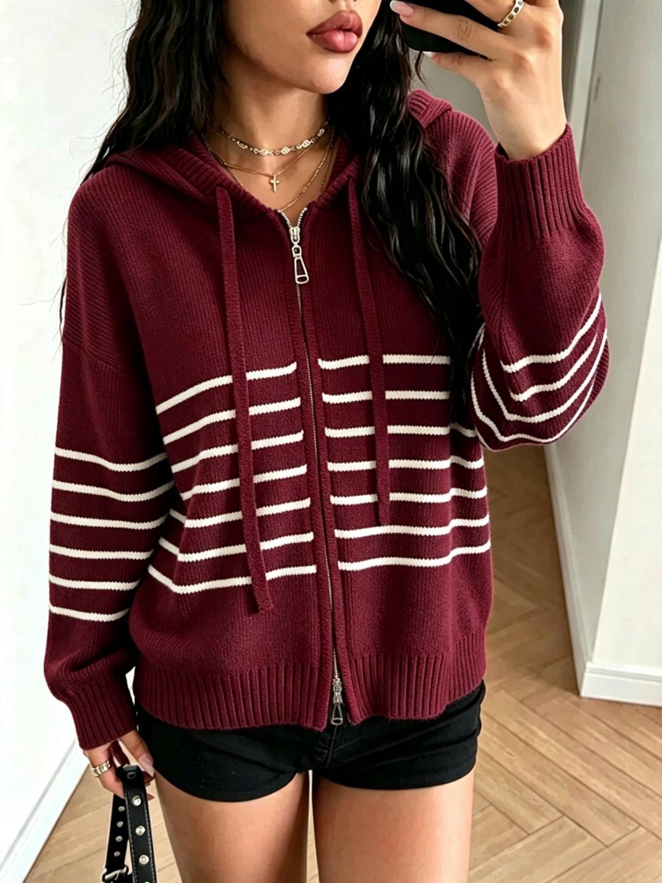 Autumn Winter Color-Block Striped Preppy Style Hooded Casual Loose Sweater Cardigan, Reversible Zipper Design, Women's Fashion Outerwear
