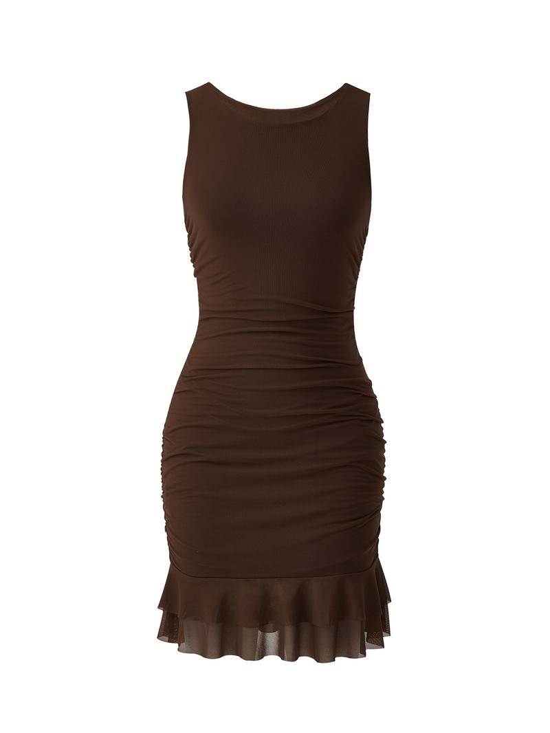 Women's Mesh Sexy Ruched Bodycon Boat Neck Mini Dress, Sleeveless Pleated Hem, Club Party Short Gown, Slim-Fitting Fashion