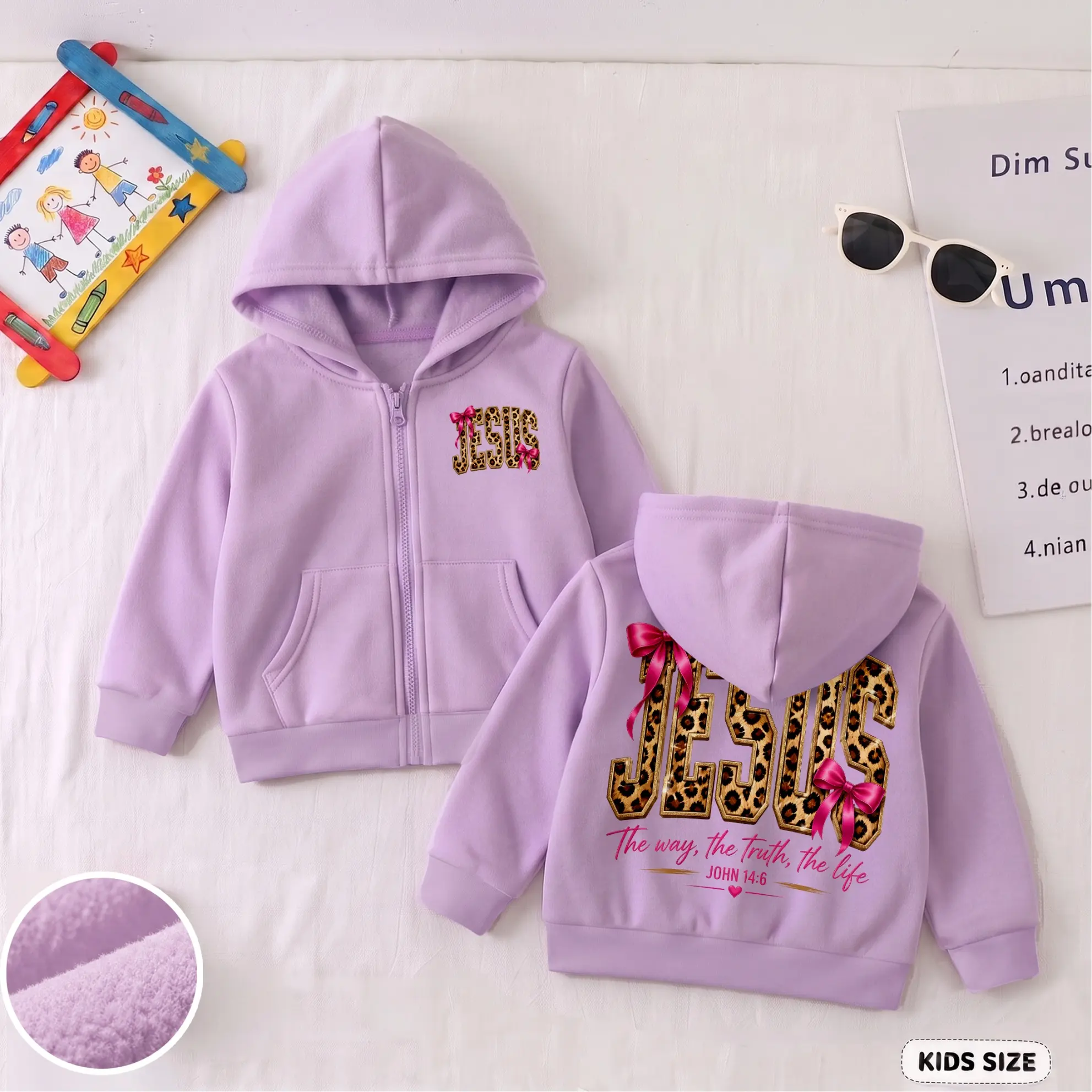 Kids Jesus Graphic Zip Up Hoodie, Cute Faith Print Sweatshirt Jacket with Bow Detail, Soft Warm Casual Wear for Fall Winter