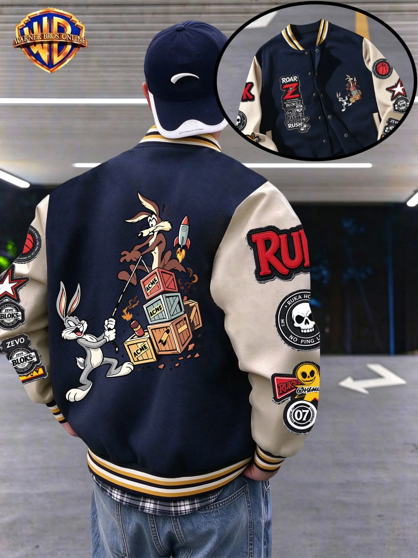 Bugs Bunny Acme Box Cartoon Print Sport Jacket, Retro Street Style Baseball Coat, Casual Fall Winter Outerwear, Unisex Couple Fashion