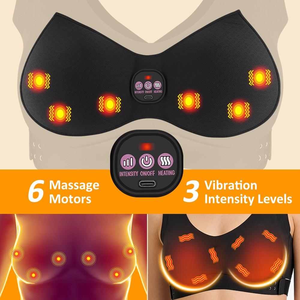 Cordless Breast Massager with Heat & Vibration, Electric Massage Bra Body Care Tool with 5 Modes 3 Intensities 3 Heat Levels, Rechargeable Chest Massager for Women Gift, Usb Rechargeable Massagers