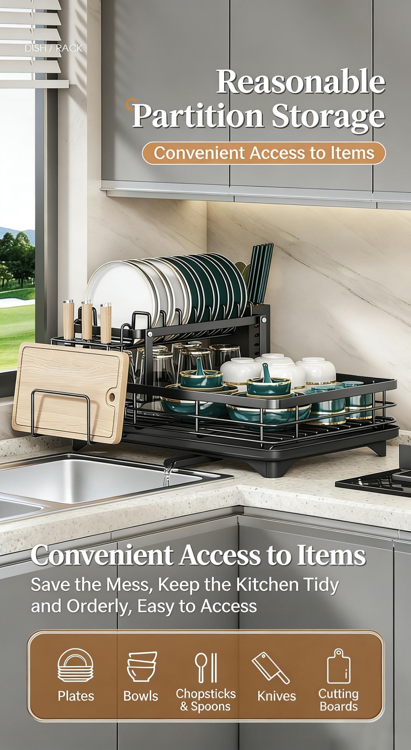 Two-Tier Large Metal Dish Rack for Kitchen Countertops, Space-Saving & Durable Design, Includes Slots for Knives Forks Cup Holders