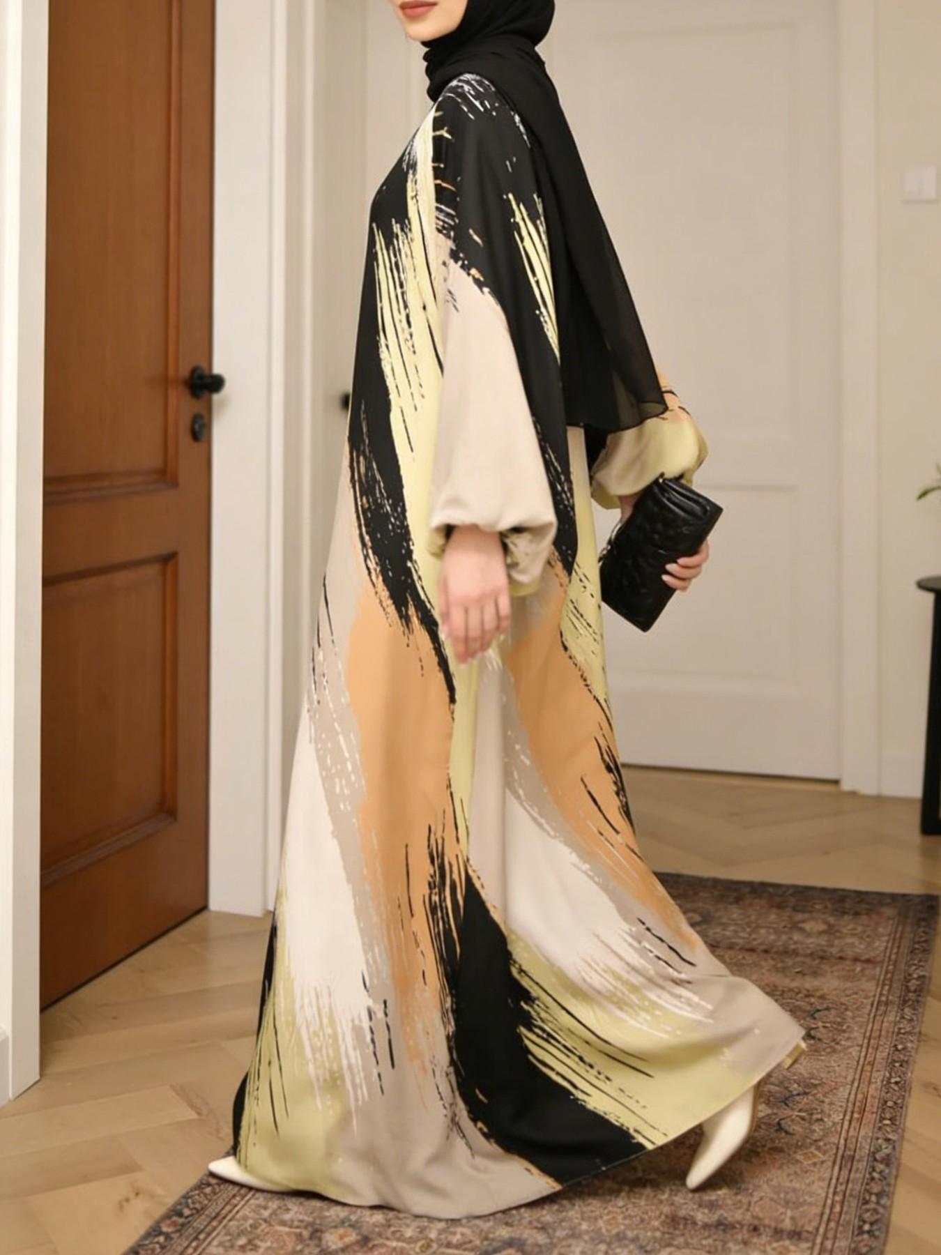 New Summer-Autumn Watercolor Print Long Robe for Women, Loose Fit Slimming Dubai Turkish Abaya Muslim Dress, Ideal for Daily Commute, Dates, Parties