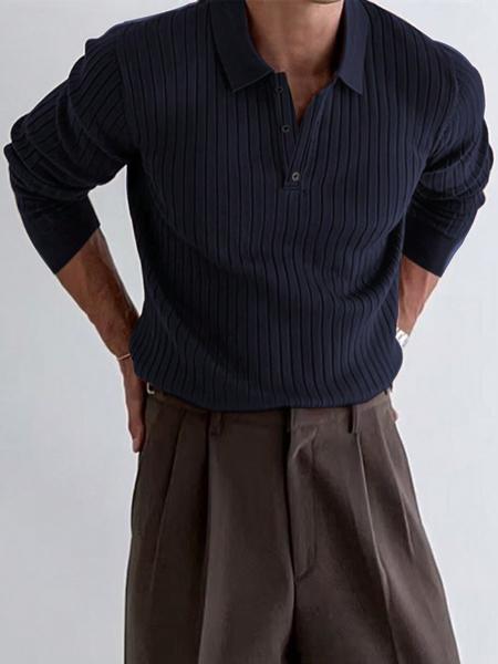 Men's Striped Polo Shirt with Ribbed Collar, Long Sleeve Casual Work Polo, Perfect Gift for Friends, Stylish Men's Clothing