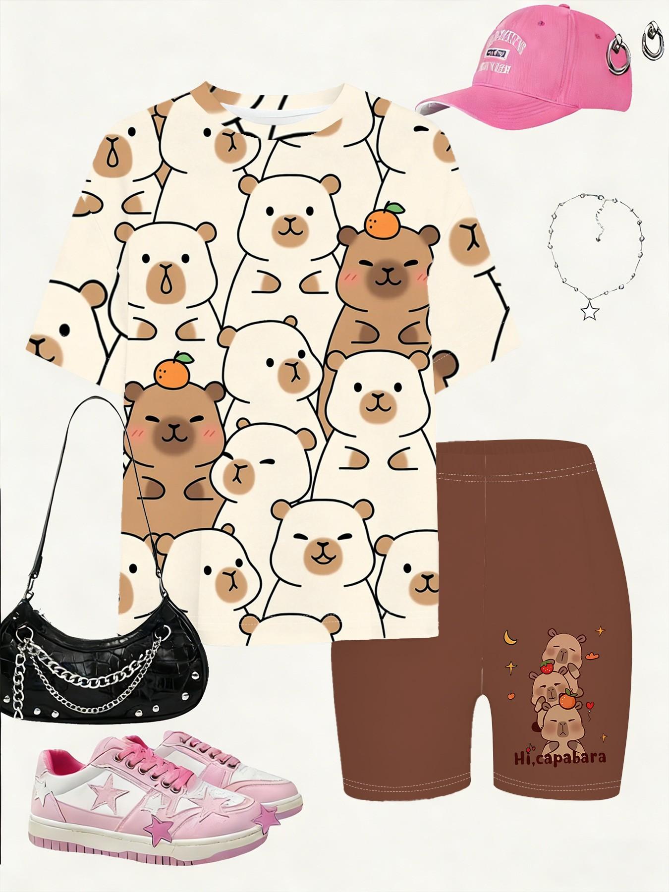 Girls' Summer Capybara Series T-Shirt and Shorts Set, Full Print Cartoon Design, Casual Streetwear, Perfect Gift for Kids, Outdoor Wear