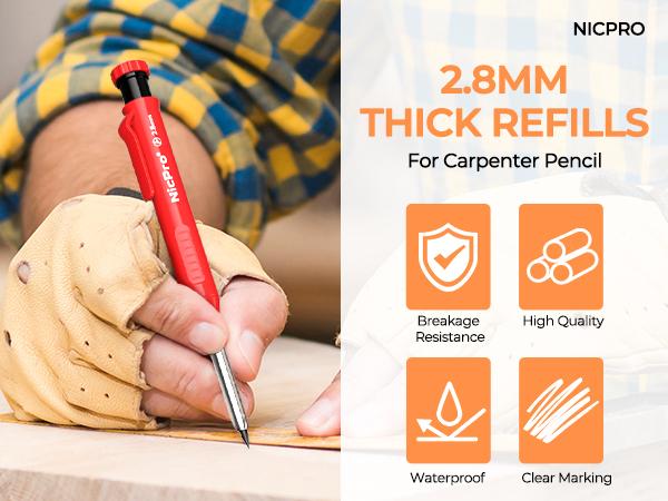 Nicpro 60 Piece Carpenter Pencil Lead Refills 2.8mm, Lead for Carpenter Mechanical Pencil, Break Resistant 2.8 mm Lead for Construction Pencil, Woodworking Pencil (Black, Red, Yellow, Green, Blue,White)