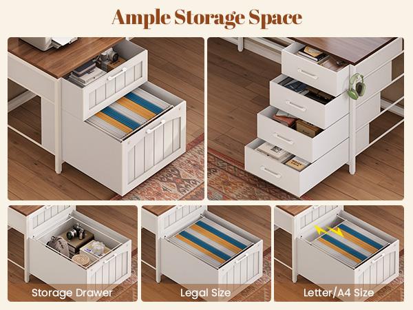 SEDETA 63 Inch Farmhouse L Shaped Office Desk with 6 Drawers Reversible Computer Corner Desk with Power Outlet and Hutch