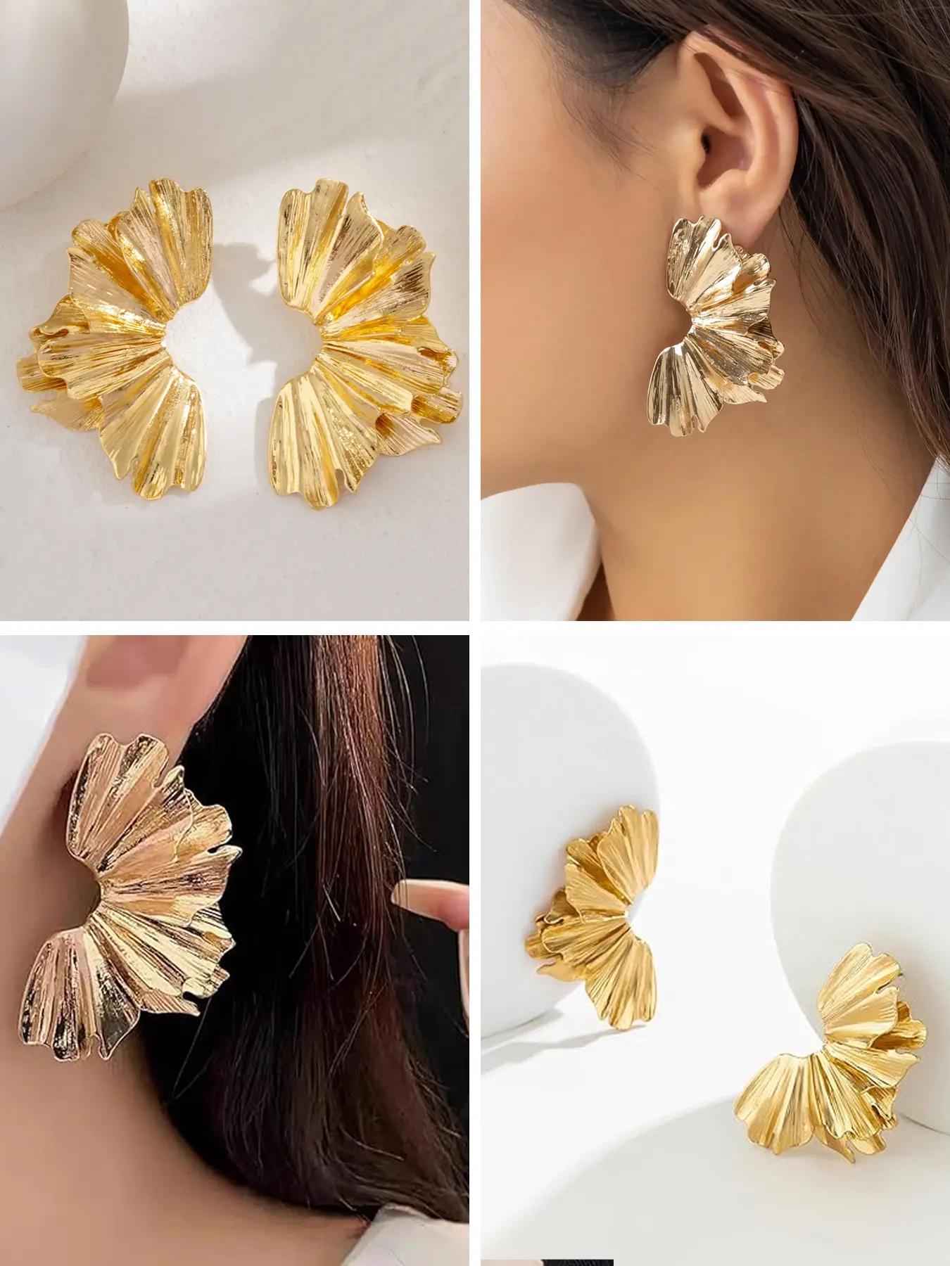 6 Pairs Chunky Statement Earrings Set for Women, Gold Plated Sectored Flower Leaf Shell Design, Hypoallergenic & Stylish Jewelry