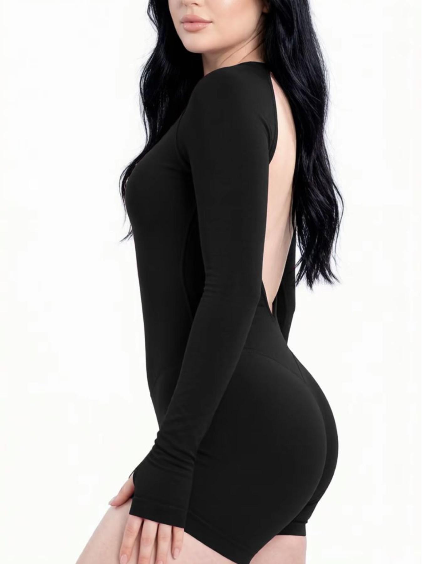 Women's All-Season Long Sleeve Backless Workout Jumpsuit, Tummy Control & Butt Lifting, Stretchy Slim Fit Gym Bodysuit for Pilates & Running, Backless Activewear