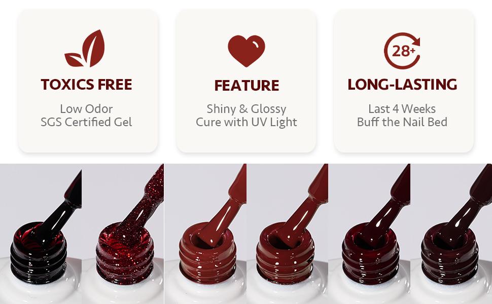 GAOY Red Collection Gel Nail Polish Set, 6 Colors Burgundy Cherry Dark Red Jelly Glitter Soak Off UV Light Cure Gel Polish Kit for Salon and Nail Art DIY at Home