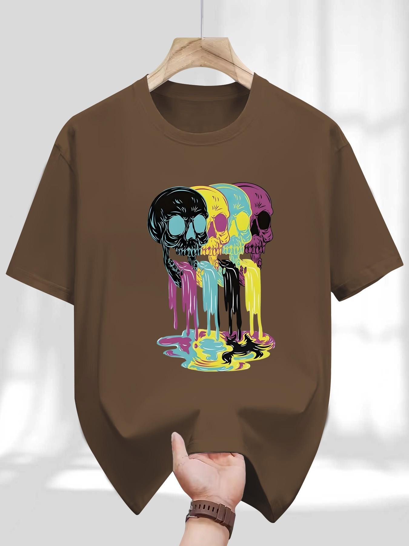 Men's Round Neck T-Shirt, Fashion Colorful Skull Geometric Print, Retro Religious Style, Casual Long Sleeve, Perfect for Daily Wear