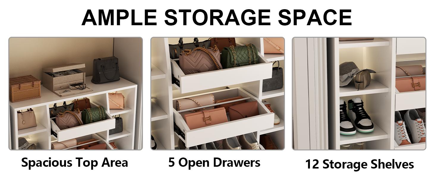 Shoe Storage Cabinet with 5 Drawers & 12 Shelves, Modern LED Shoe Rack & Handbag Storage Cabinet, Freestanding Shoes and Handbag Storage Organizer for Closet