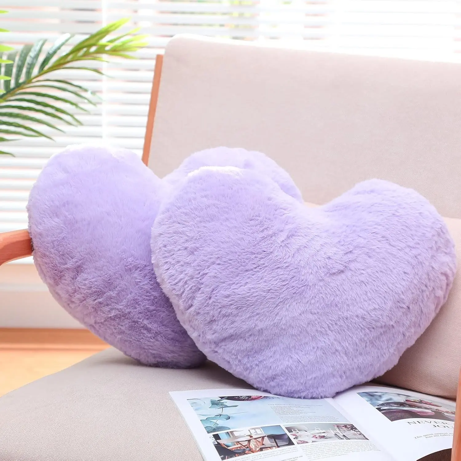 2 Pcs Heart Throw Pillow Plush Heart Shaped Decorative Pillow Faux Rabbit Fluffy Cushion Valentine Anniversary Favor for Girls Fits Bed Dining Sofa Car (Lilac)