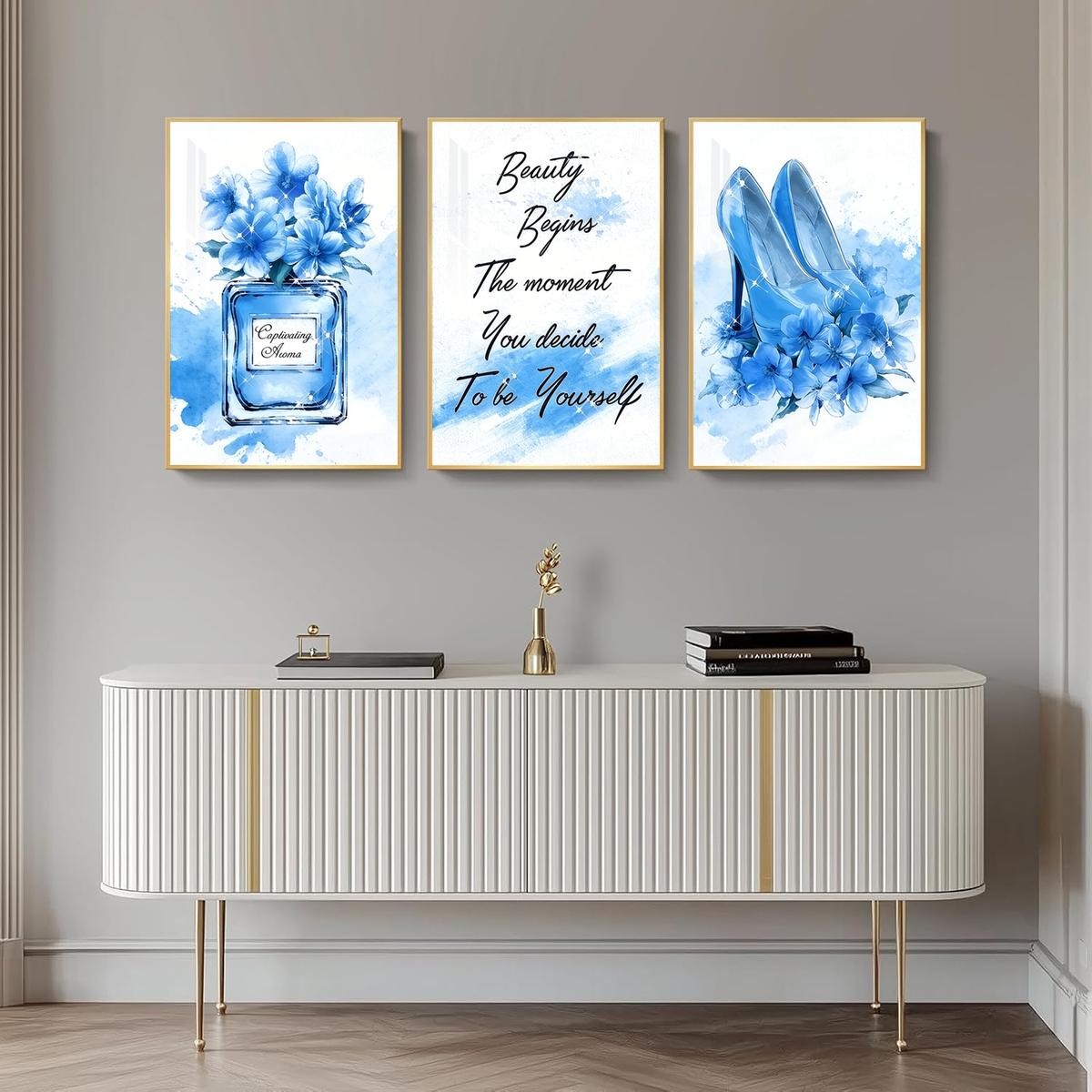 3 Counts Aluminum Alloy Framed Painting, Blue High Heels Perfume And Flowers Illustration, Home Decoration For Living Room, Bedroom, Office, Restaurant, Hallway Wall Decor, Odorless Print Artwork, Luxury Perfect Gift For Friends And Family