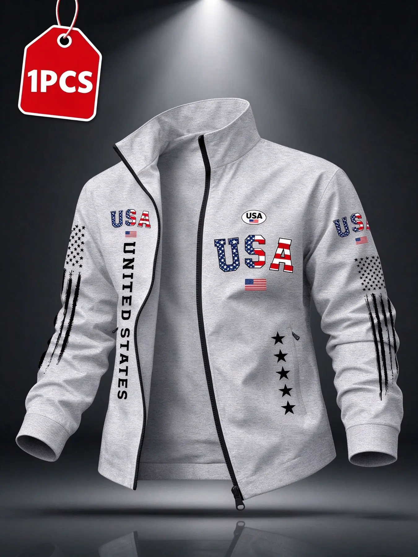Men's Zipper Stand Collar Jacket Long Sleeve, American Patriotic Star Pattern, Trendy Loose Sport Casual Outerwear, Fitted Graphic Design