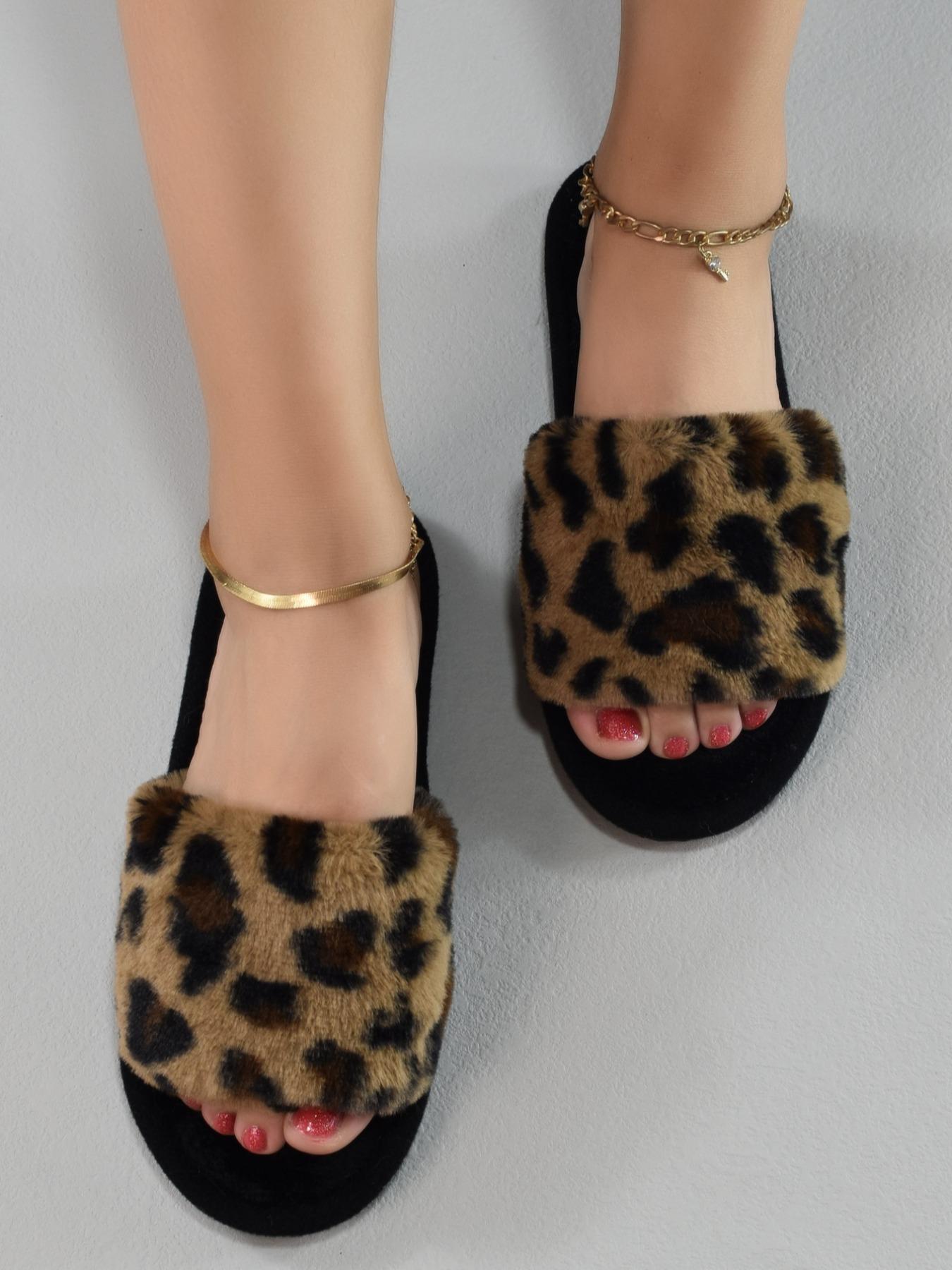 Women's Street Style Leopard Bedroom Slippers, Simple House Slippers with Open Toe Design, Casual Trendy Fluffy Fuzzy Slippers for Indoor for Fall & Winter, Footwear, Fall Outfits, Earthtone Fall Freshness, Birthday Gifts