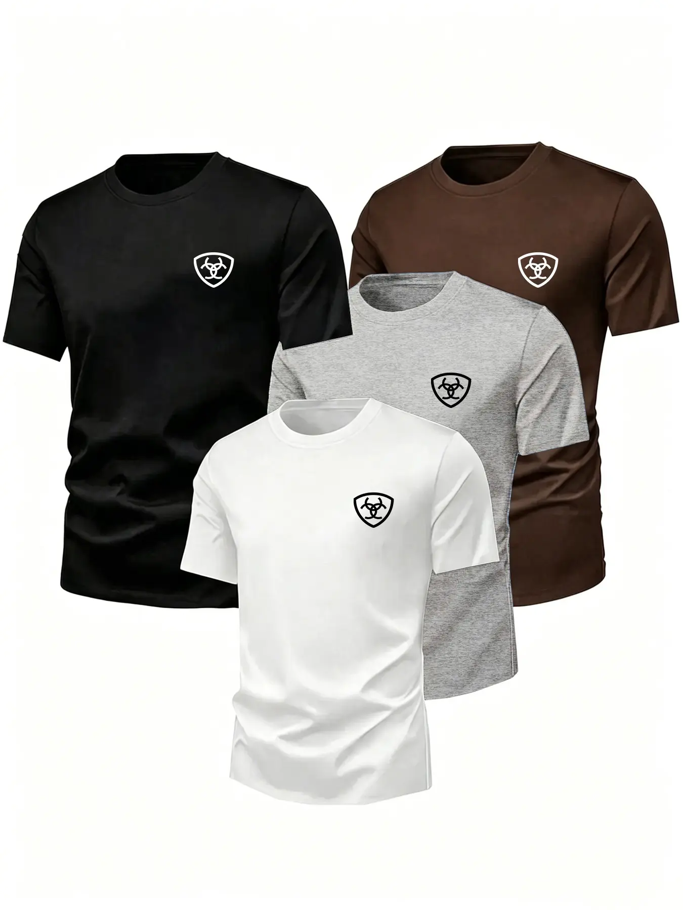 Men Women 4-Piece Shield Print Short Sleeve T-Shirt Set, Casual Long Tee, All-Season Wear, Multiple Colors, Comfortable Fit
