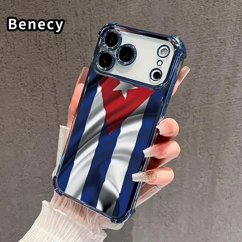 Phone Case Compatible with iPhone 18 Pro Max 17 16 15 Plus Air 14 13 12 11 E Cuba's Fluttering Flag Four-Corner Drop-Resistant Electroplated Transparent TPU Soft Protective Cover Gift