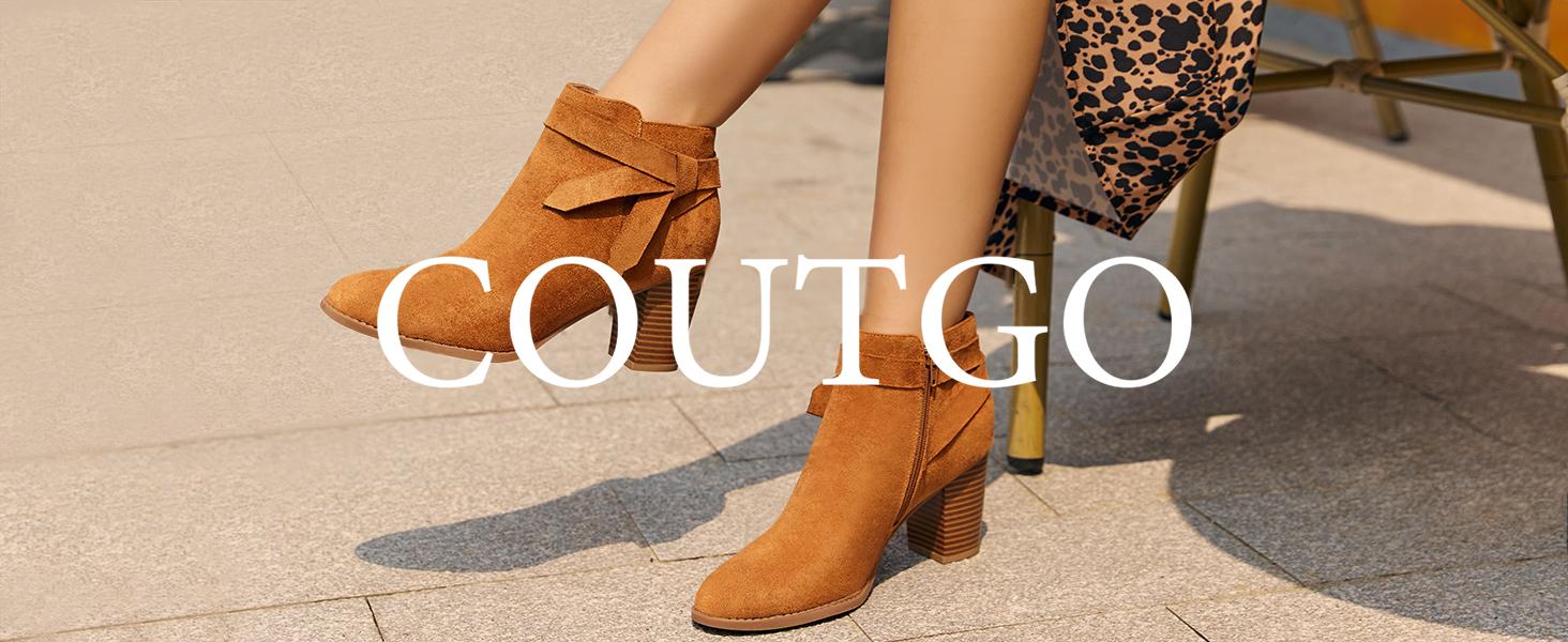Coutgo Womens Tie Knot Chelsea Pump Ankle Boots Closed Toe Stacked Heel Booties Shoes