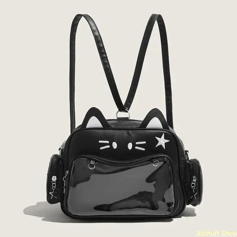 Y2K Kawaii Cat Ear Ita Casual Convertible Backpack Purse - PU Material School Bag with Transparent Display Pocket, Multi-Way Strap for Girls' School & Cosplay, Casual Backpack