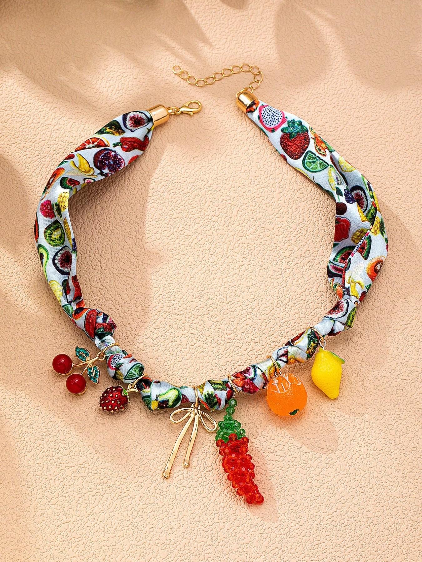 Boho Tropical Fruit Pendant Necklace, Summer Boho Scarf Necklace with Lemon Chili Cherry Pendants, Casual Women's Jewelry Accessory