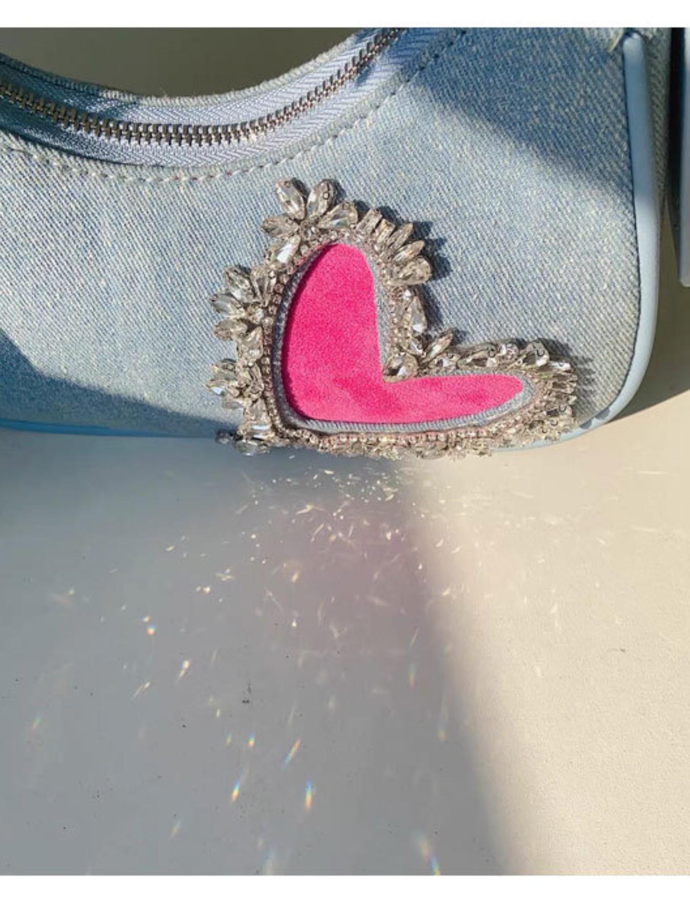 Women's Denim Fringe Heart Underarm Bag, New French Style Design, High-End Rhinestone Shoulder Bag, Trendy Fashion Accessory
