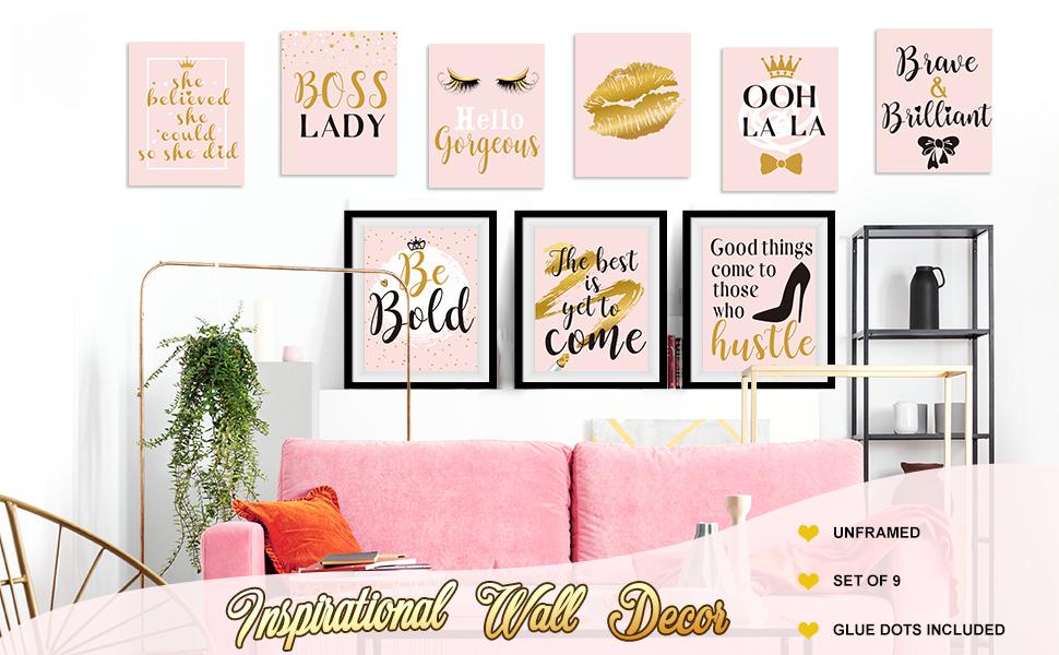 9 Pcs Inspiration Wall Decor for Women, Pink and Gold Makeup Lash Lips Wall Art Poster, Motivational Quotes Fashion Prints for Women Bathroom Bedroom Home Decor, 8 x 10 Inch, Unframed