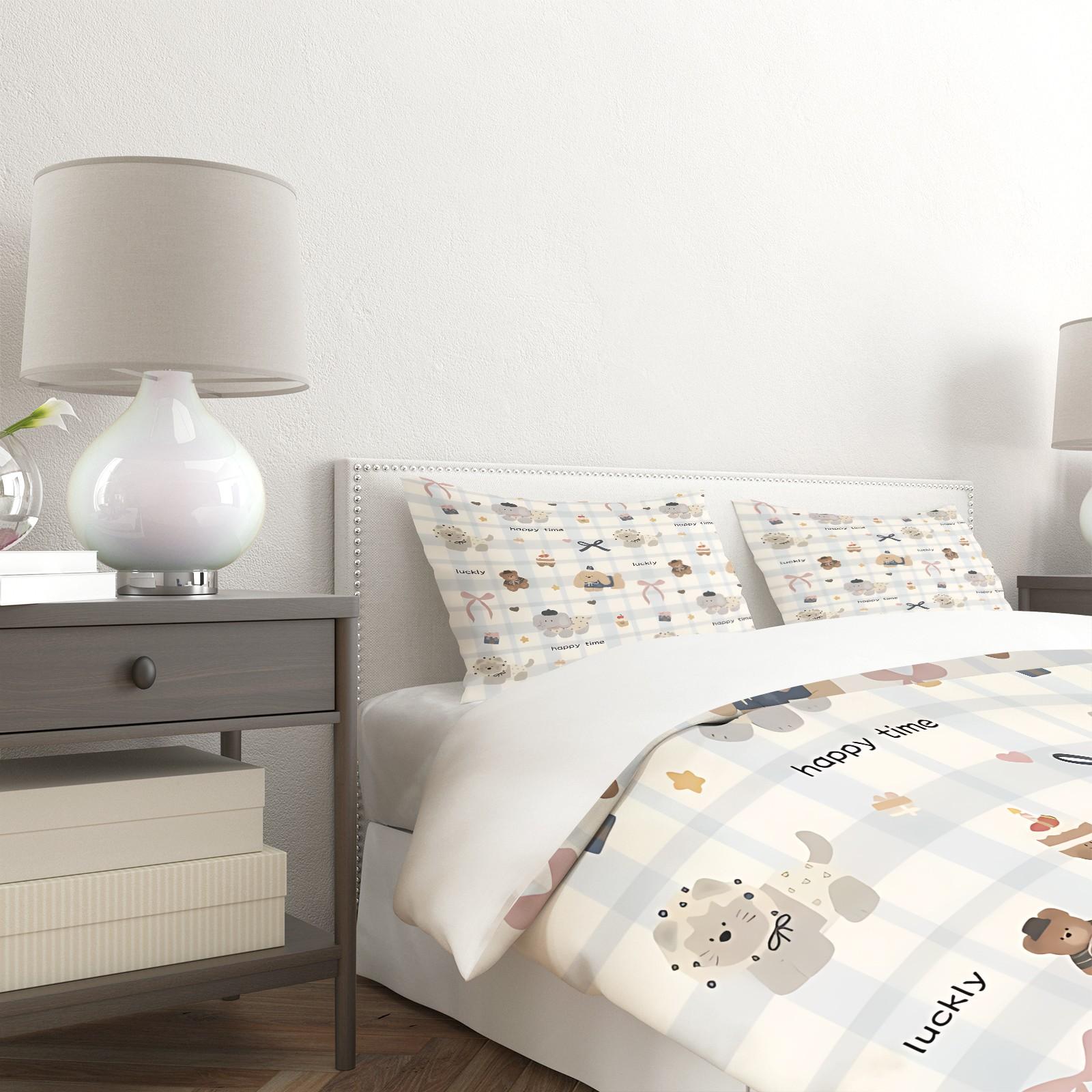 3-Piece Korean-Style Cute Cartoon Bear Checkered Duvet Cover Set, Perfect for Teenage Boys. Ultra-Soft Bedding, Fits a Double Bed. Full Queen-Size Duvet Cover Set (Filling Not Included)