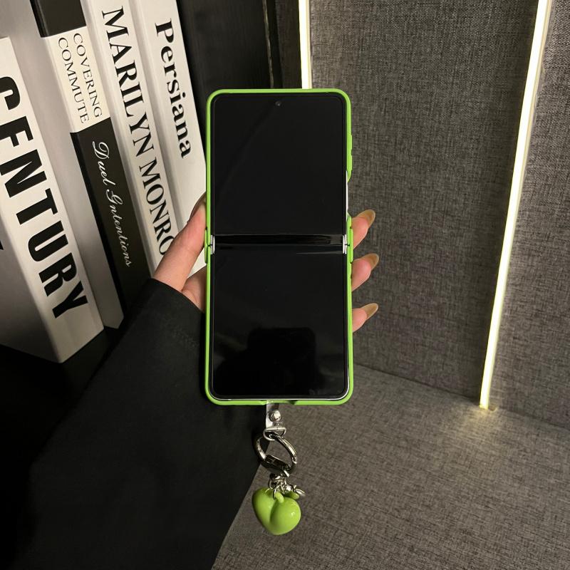 Hinged Soft-Touch Fluorescent Green 3D DIY Heart + Matching Heart Charm Flip Foldable Anti-Drop Protective Case for Samsung Galaxy Z Flip 7 FE / Z Flip 7 / Z Flip 6 / Z Flip 5