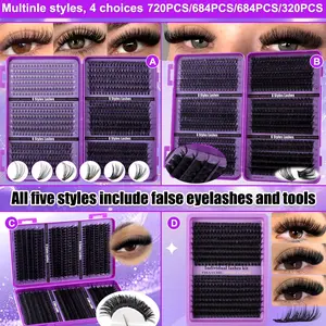 720/684/648/320 Pcs Dense Individual Lash Clusters. 100D-150D 6-in-1 Styles, 8-16mm Mixed Lengths. Wispy Natural, Lightweight & Soft. Beginner-Friendly. For Daily, Outdoor, Dates, Festival Occasions; Perfect as Xmas Gift.