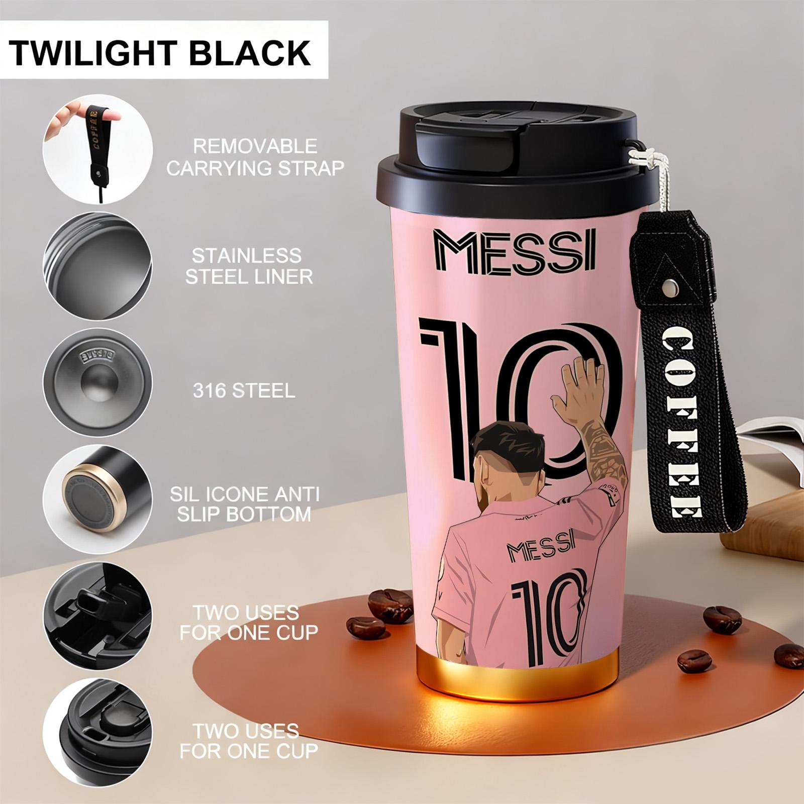 Auracup 18 oz Soccer Vacuum Tumbler, Messi 10 Design Double-Wall Stainless Steel Insulated Mug with Lid and Strap, Leak-Proof Skinny Portable Thermal Cup for Hot and Cold Drinks, Football Fan Coffee Travel Mug