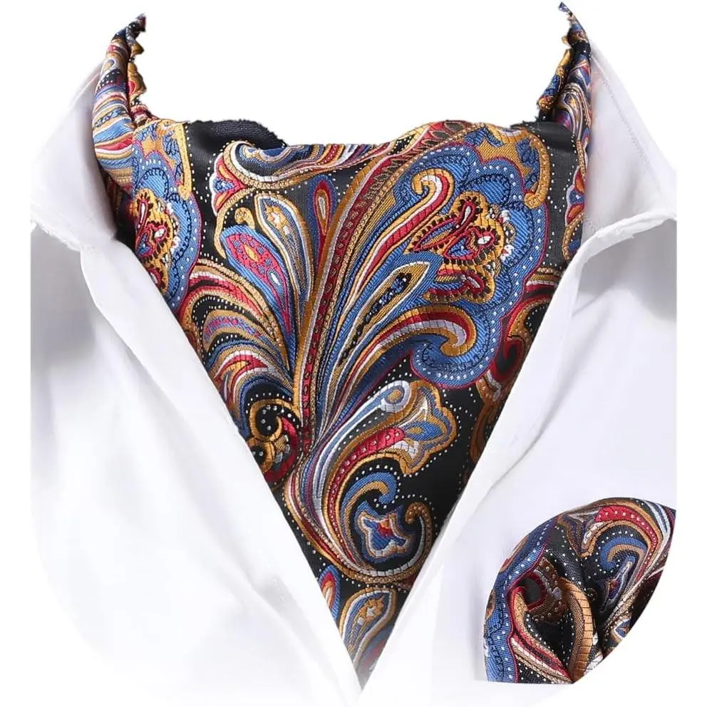 Men's Paisley Ascot Tie and Pocket Square Set Floral Cravat Scarf Handkerchief for Wedding PartyGift
