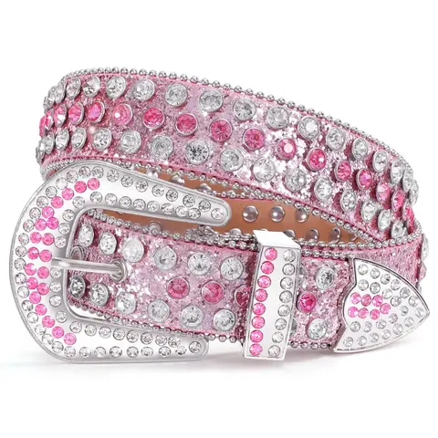XZQTIVE Women's Western Rhinestone-Rivet Studded Leather Buckle Belt - Exquisite Decor Accessory for Jeans, Dresses, Pink/Silver, Fits 27"-47" Waist