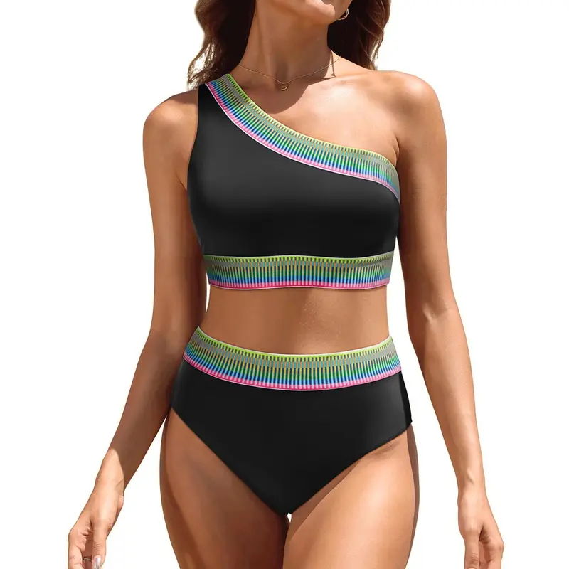 Tempt Me Women High Waisted Bikini Set - One Shoulder Two Piece Swimsuits Color Block Bathing Suits with Swimwear Bottom