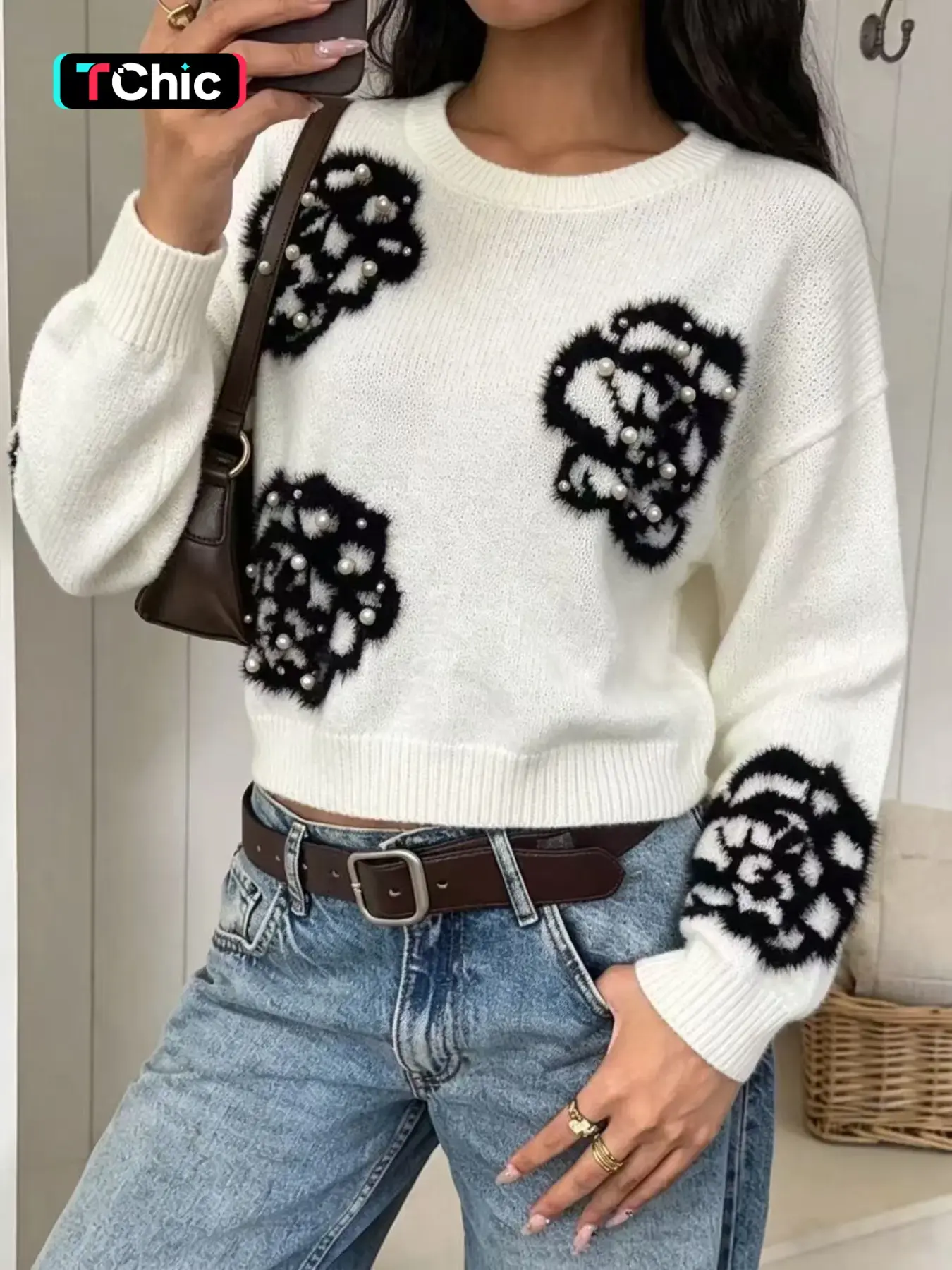 Elegant Women's Floral Beaded Pullover Sweater, Fall Winter Fashion, Casual Versatile Knitwear, Stylish Design, Perfect Fit