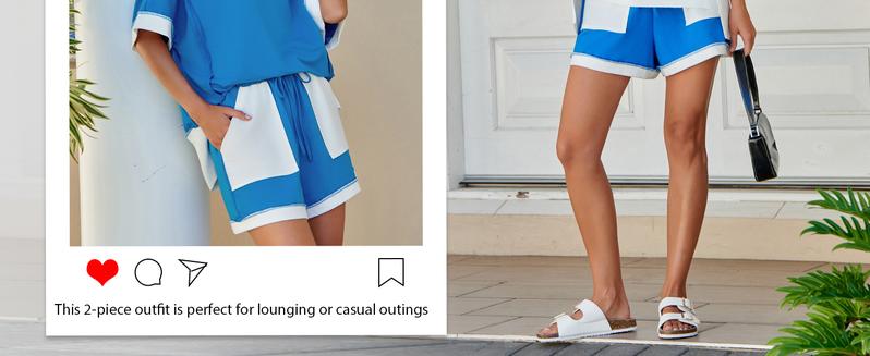 FISOEW Women's Summer Two-Piece Sportswear Set, Loose Sweatshirt and Shorts, Casual Color-Blocking Breathable Loungewear Set, New Autumn Collection, Valentine's Day Gift Recommendation