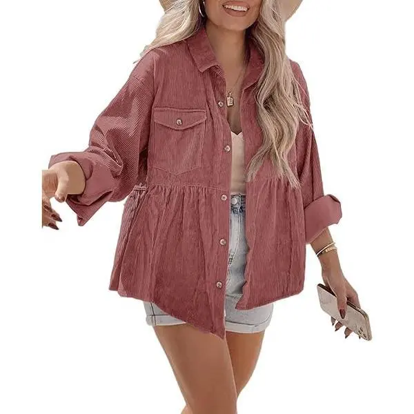 【NEW】lmily Bela Womens Corduroy Shirts Casual Long Sleeve Button Down Blouses Tunic Babydoll Dress Loose Pocket Jacket Shackets