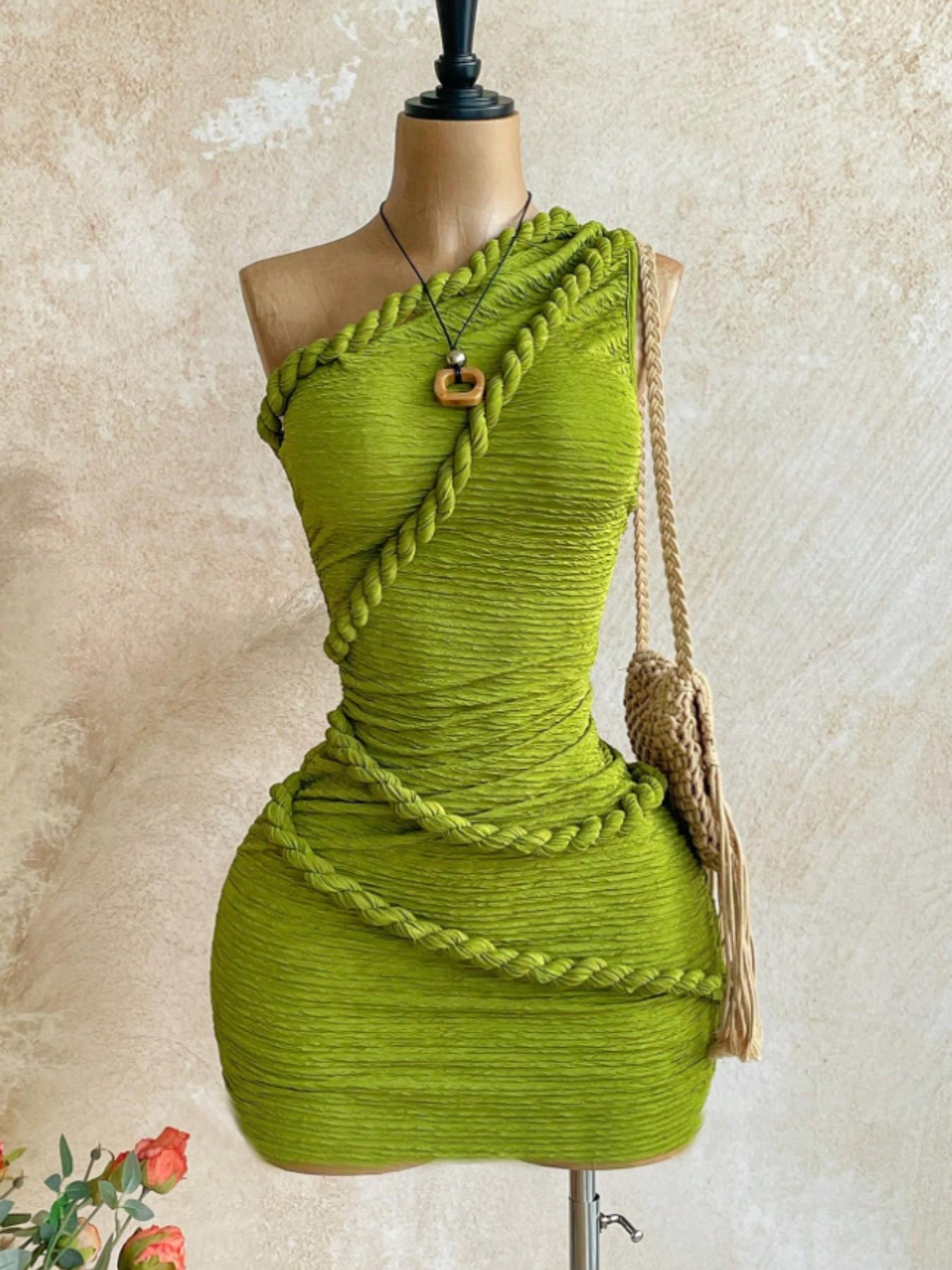 New Boho Style Knot Shoulder Mini Dress, Summer Women's Vintage Holiday, Fitted Plain Design, Casual Fashion for Vacation