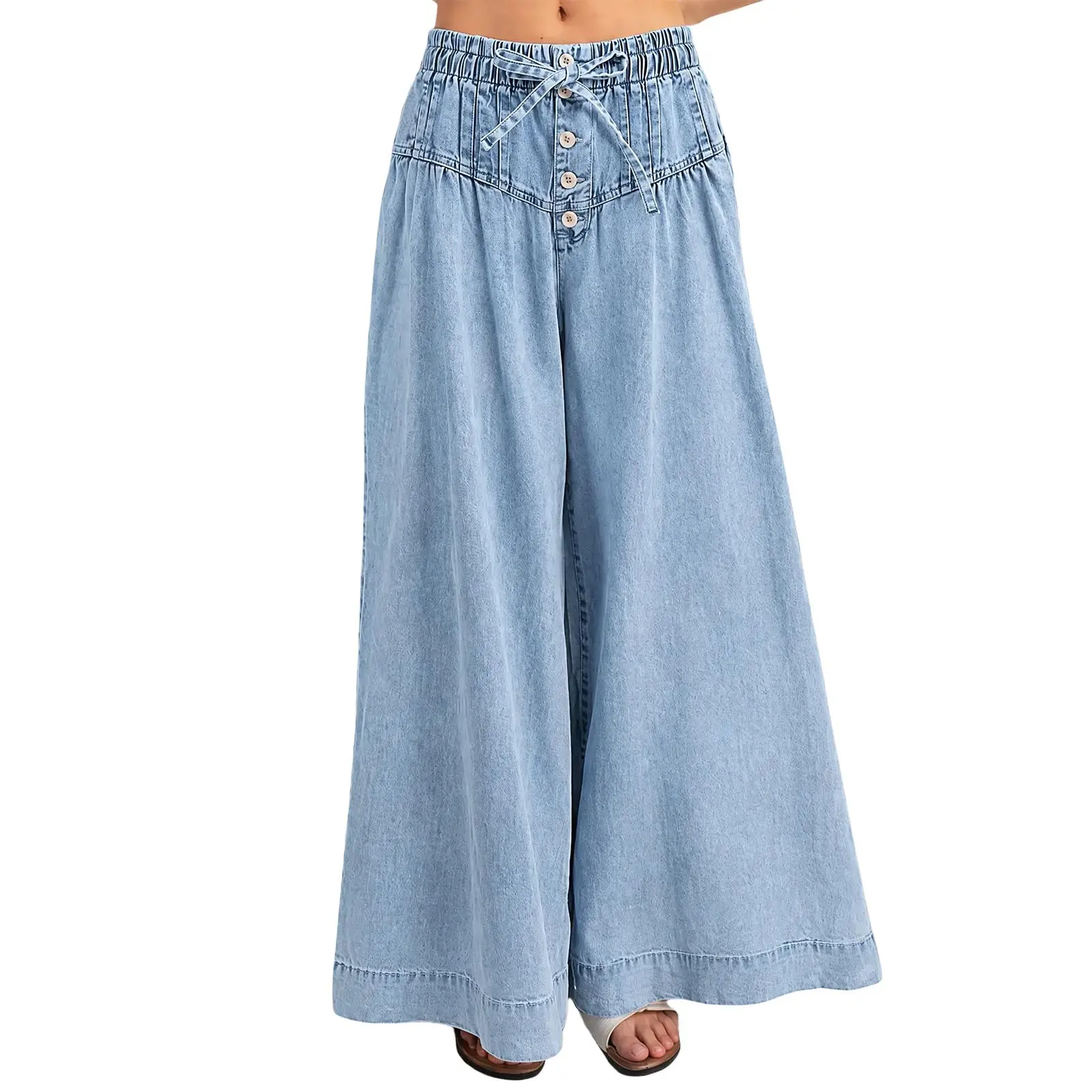 Imily Bela Boho Vintage Wide Leg Jeans for Women - Elastic Waist Button Fly Denim Palazzo Pants with Back Pockets