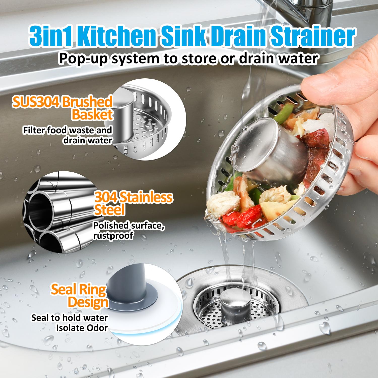3 in 1 Kitchen Sink Drain Strainer, 304 Stainless Steel Sink Plug with Anti-Clog Basket, Pop Up Sink Stopper for US Standard 3-1/2 Inch Drain