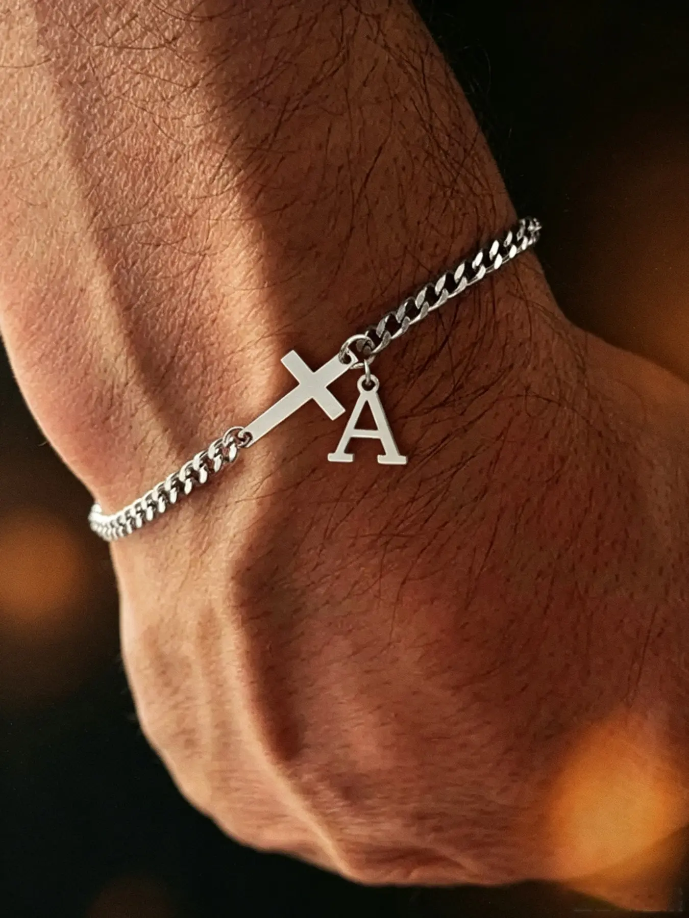 2026 Men's Trendy Casual Metal Bracelet, Simple Cross and Letter Link Design, Fashionable Bracelet for Daily Wear