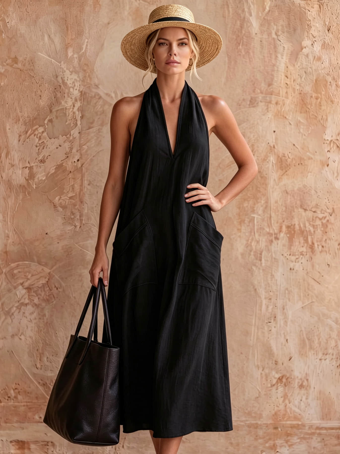 A fashionable women's neck hanging V-neck dress, summer Minimalist Casual loose sleeveless mid length lazy vacation long dress beach party dress suitable for beach vacation, coffee shop relaxation, afternoon tea, daily commuting, light office banquet