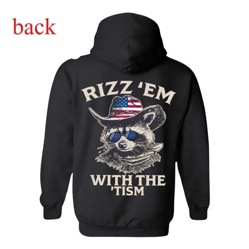 Patriotic Rizz 'Em With The 'Tism Raccoon Graphic Hoodie, Funny Western Cowboy Sunglasses Meme Streetwear Sweatshirt, Casual Unisex Regular Fit Long Sleeve Pullover Cotton Blend Top for Men Women